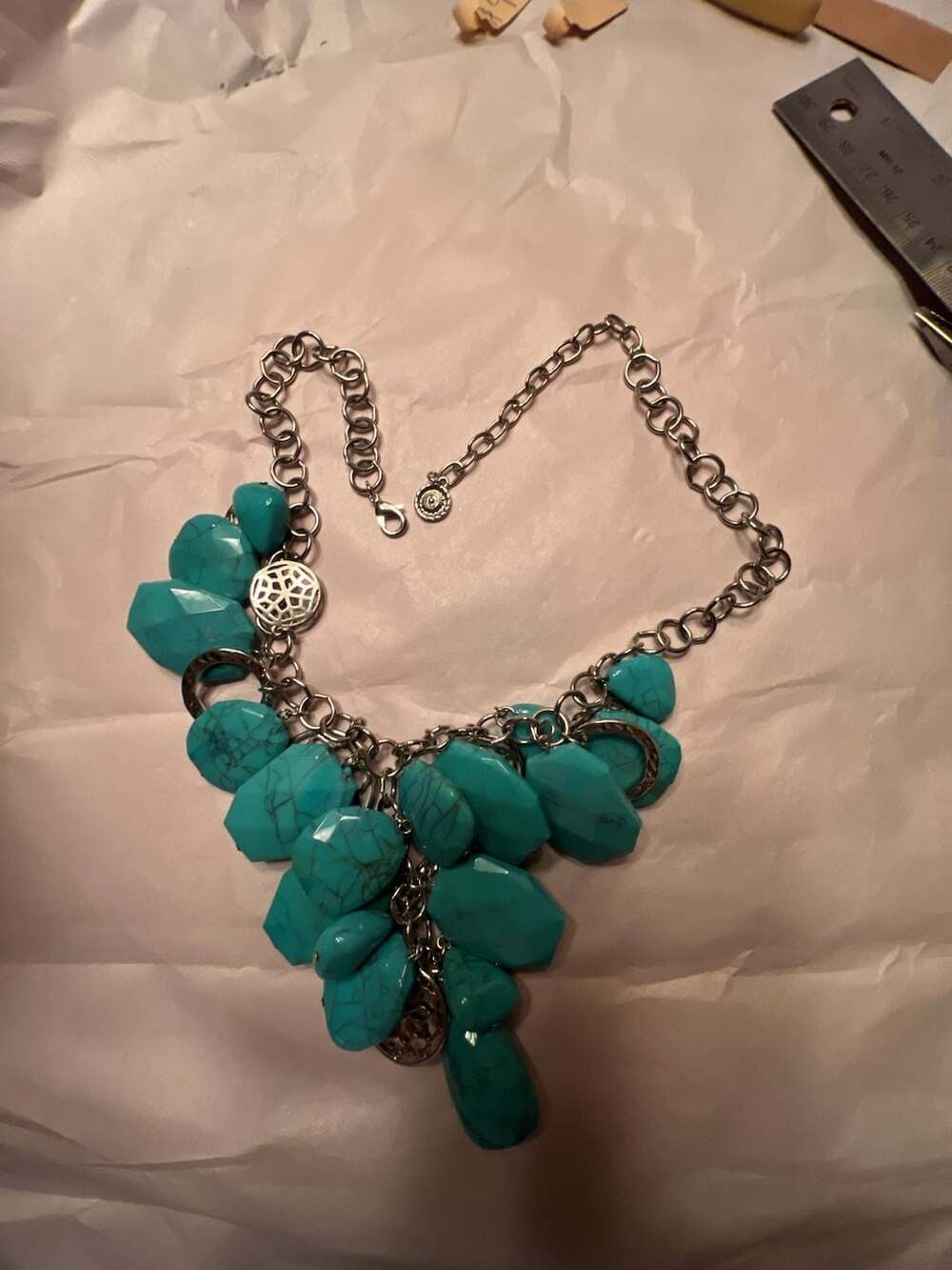 RJ Graziano Faux Turquoise Bib Statement Necklace Silvertone